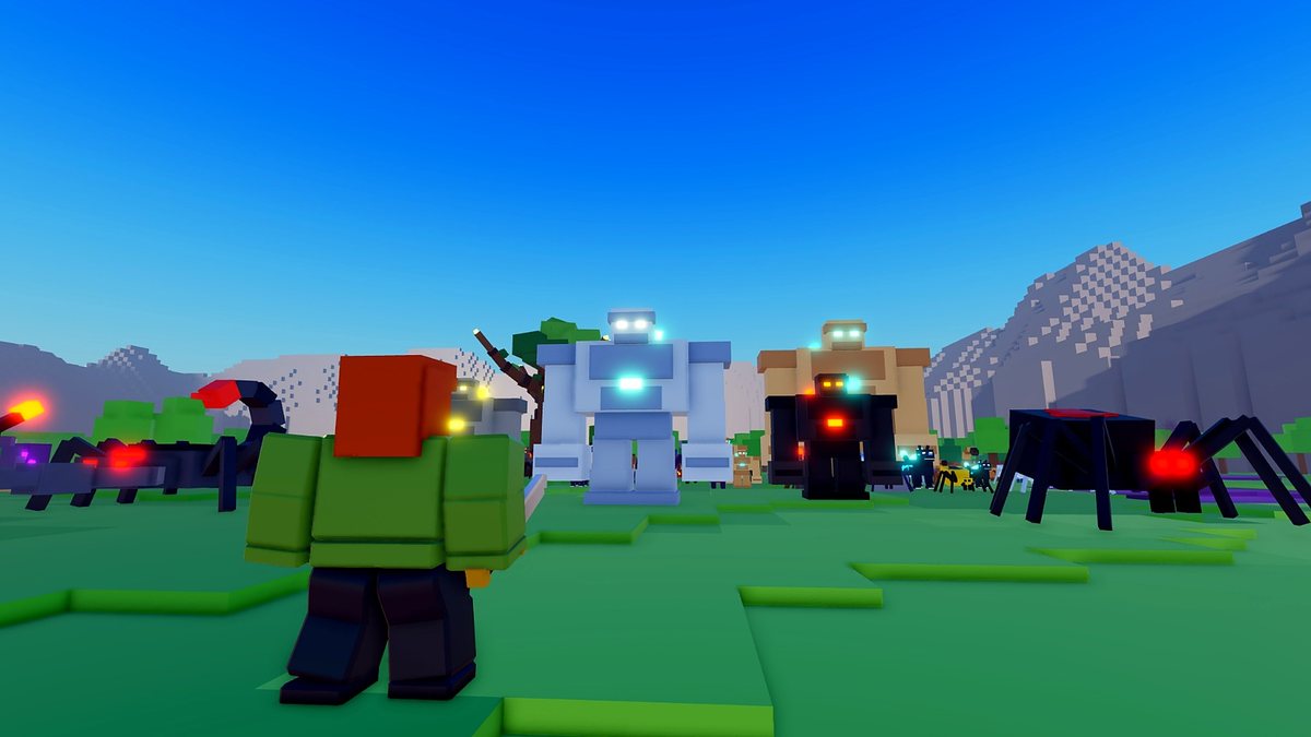 Low angle: a player with a sword in front of giant golems and spiders.