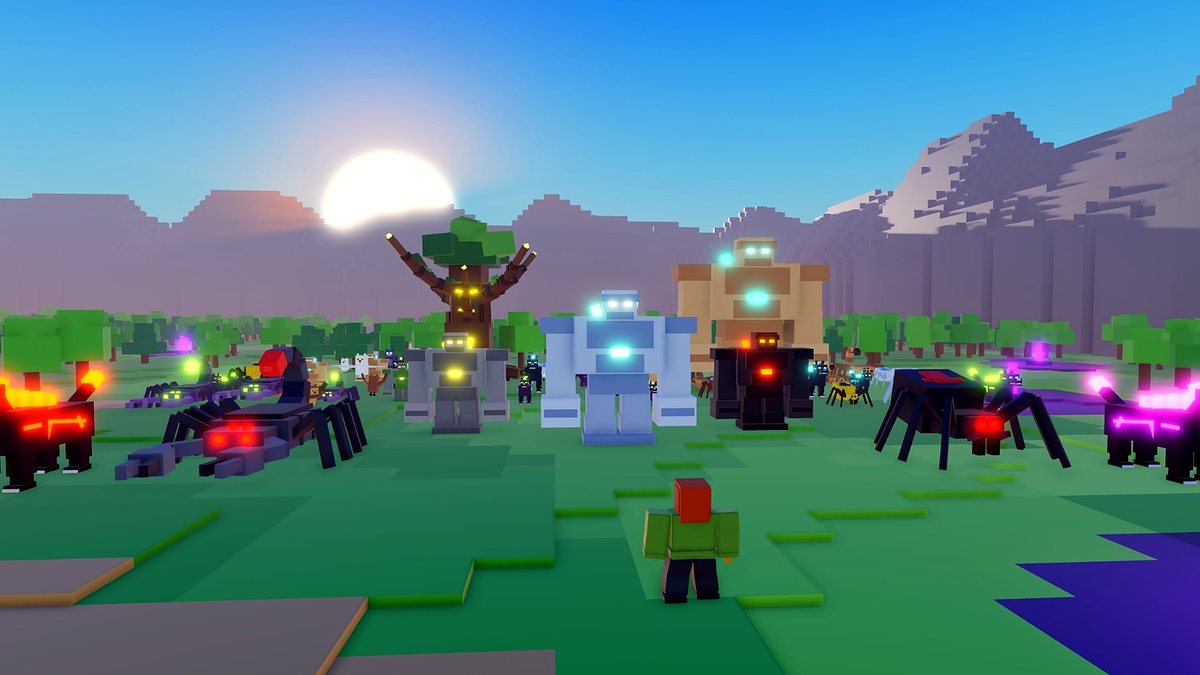 An army of mobs and bosses at sunrise, a lone player walking towards them.
