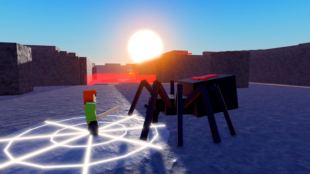 A player stands in the glowing web of the Broodmother, a giant cave spider.