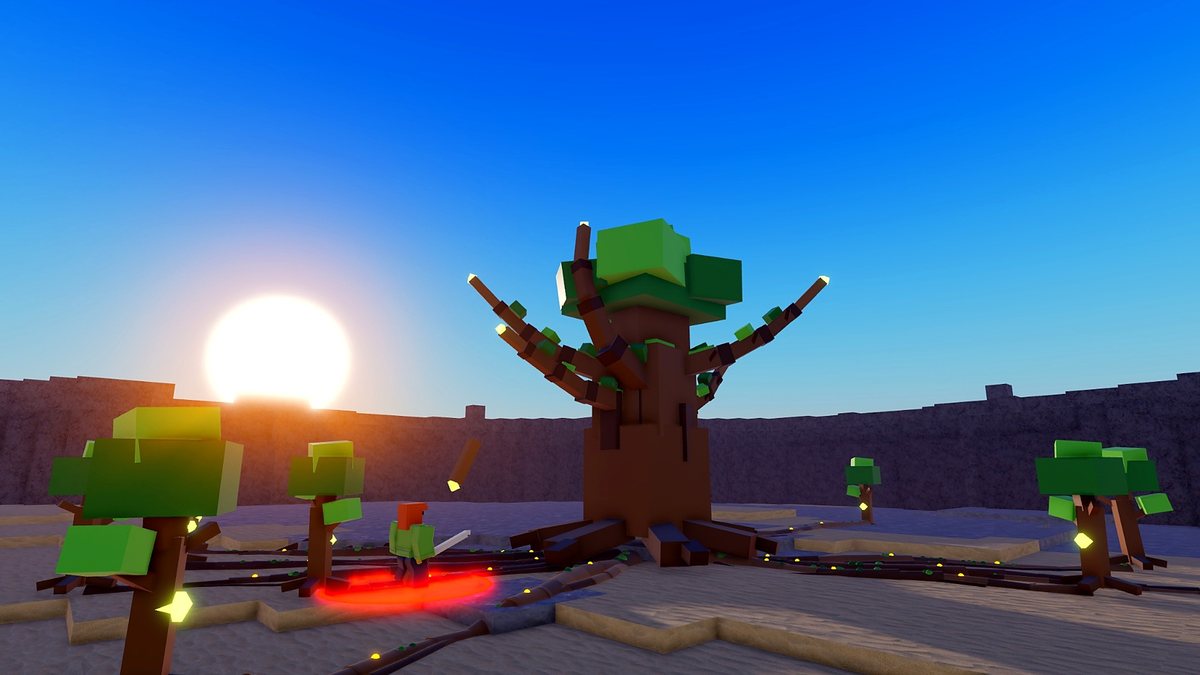 The Root Warden in the arena of Sunken Roots, surrounded by saplings and a player with a sword.