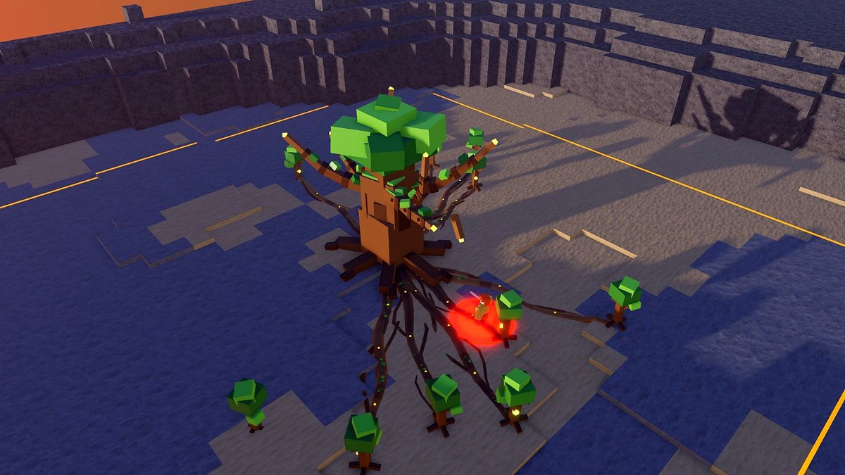 The Root Warden seen from above, its roots spreading across the arena towards the saplings.